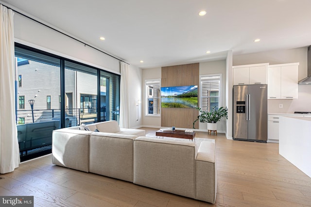 living room with a wealth of natural light and light hardwood / wood-style flooring