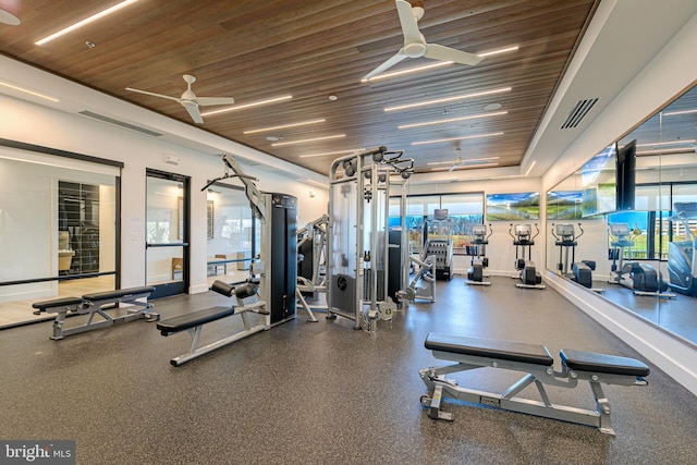 gym with ceiling fan and wooden ceiling