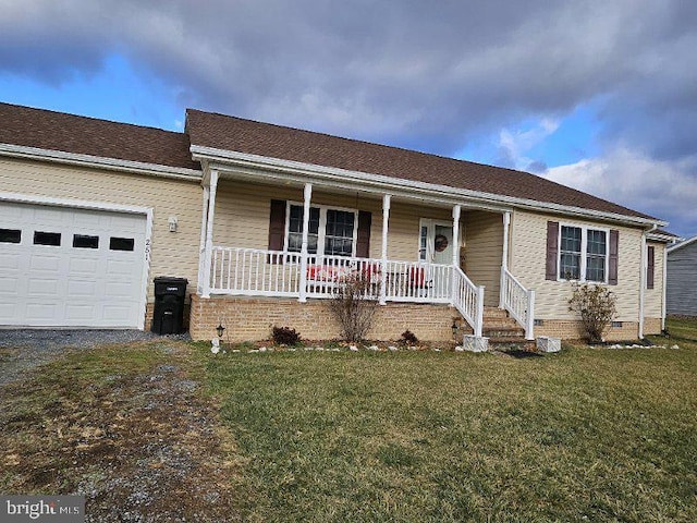 single story home featuring a front lawn, covered porch, and a garage