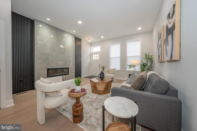 living room with a fireplace and light hardwood / wood-style flooring