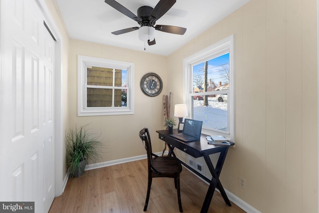 office area featuring light hardwood / wood-style floors and ceiling fan