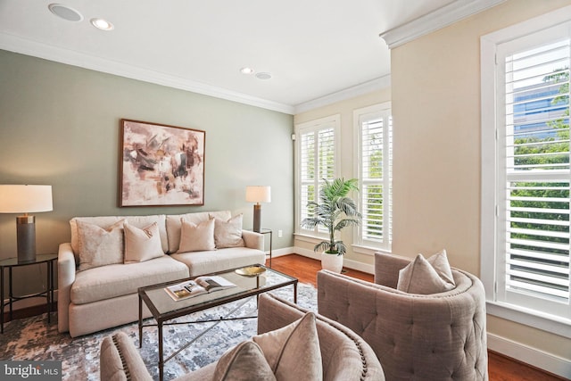 living room featuring hardwood / wood-style flooring and ornamental molding