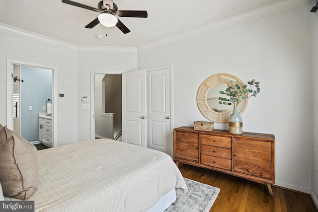 bedroom with connected bathroom, ceiling fan, dark hardwood / wood-style flooring, and crown molding