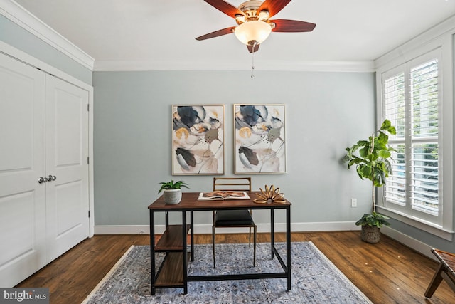 office space with crown molding, dark hardwood / wood-style flooring, and ceiling fan