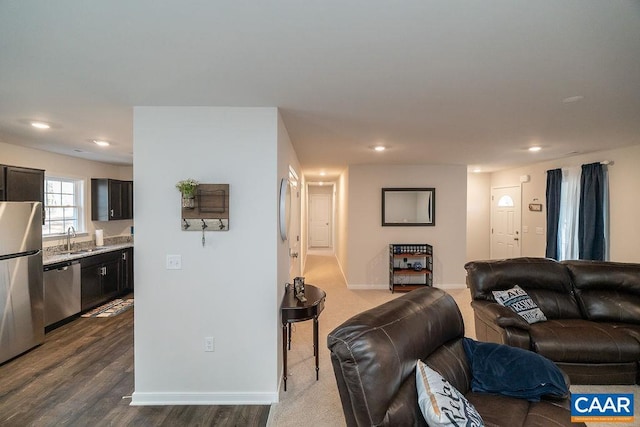 living room with dark hardwood / wood-style floors and sink