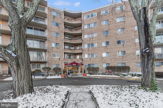 view of snow covered building