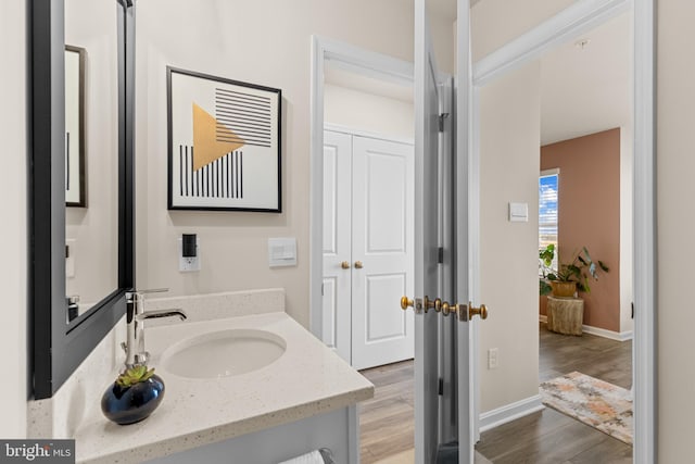 bathroom featuring hardwood / wood-style floors and vanity