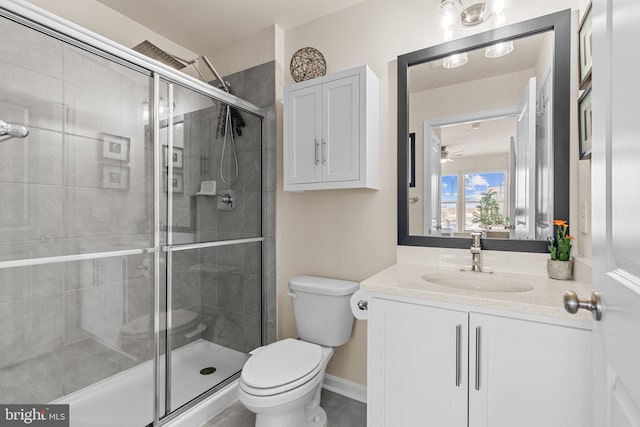 bathroom with ceiling fan, toilet, vanity, and walk in shower