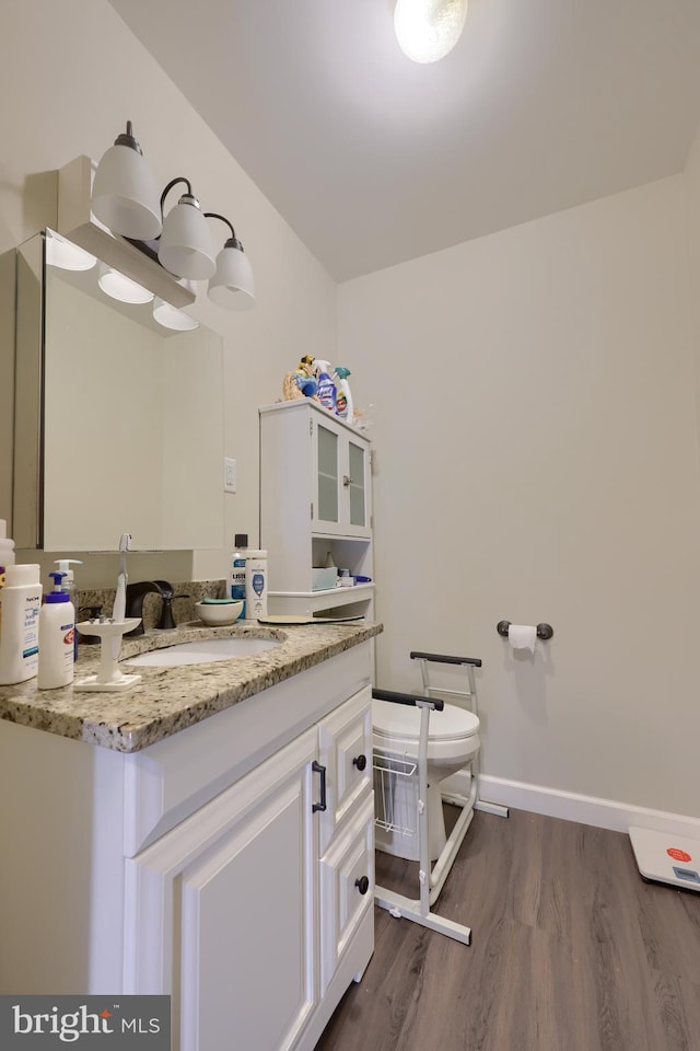 bathroom with vanity and hardwood / wood-style flooring