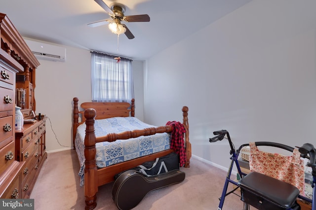 carpeted bedroom featuring ceiling fan and a wall unit AC