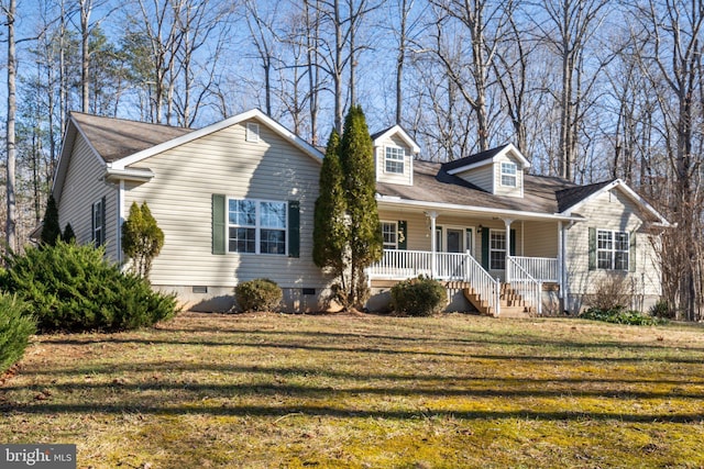 cape cod-style house with a front lawn and a porch