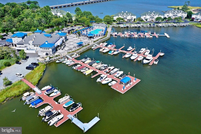 drone / aerial view with a water view