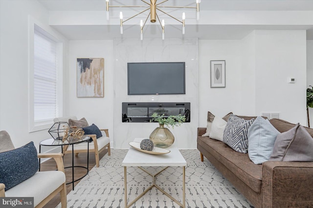 living room with a chandelier