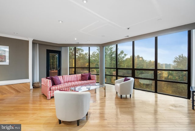 living room featuring floor to ceiling windows and light hardwood / wood-style flooring