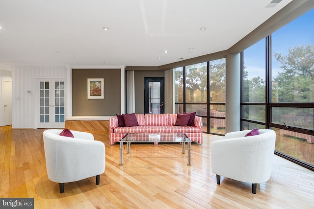 living room featuring french doors, light wood-type flooring, and expansive windows