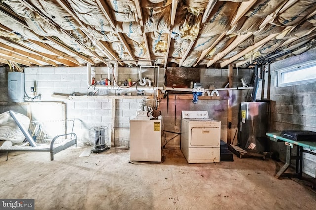 basement featuring washer and clothes dryer, electric panel, and water heater