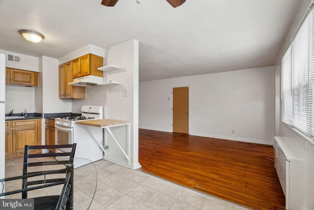 kitchen featuring sink, white range with gas stovetop, light hardwood / wood-style flooring, radiator, and ceiling fan