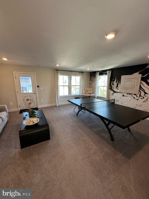 rec room featuring carpet flooring