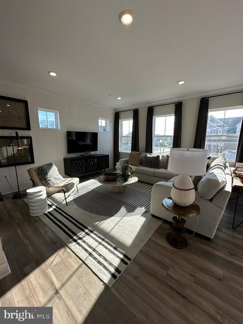 living room with dark wood-type flooring