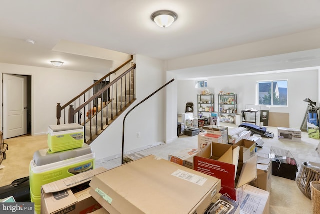 interior space featuring light colored carpet