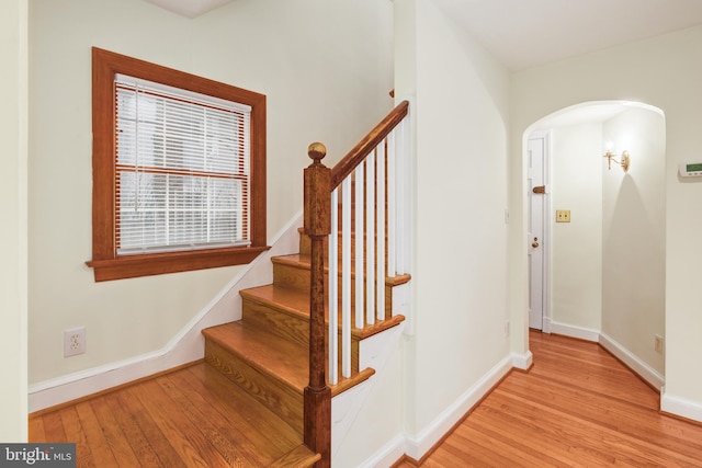 stairway with hardwood / wood-style floors