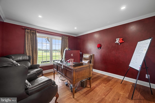 office space featuring hardwood / wood-style floors and ornamental molding