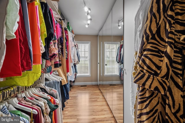 spacious closet featuring light hardwood / wood-style flooring and vaulted ceiling