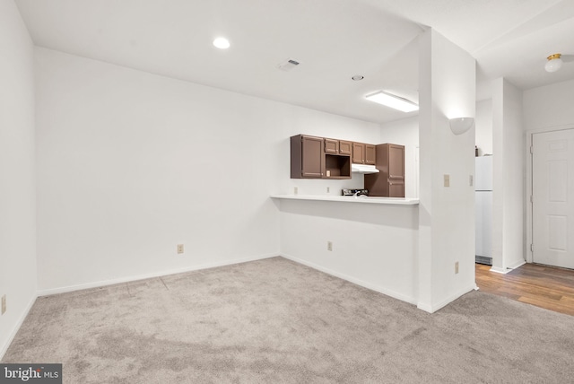 interior space featuring white refrigerator, light carpet, and kitchen peninsula