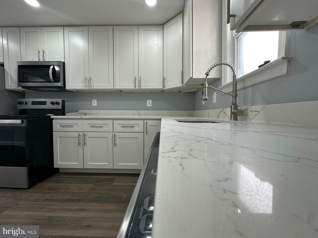 kitchen featuring white cabinetry, sink, dark wood-type flooring, stainless steel appliances, and light stone counters