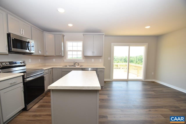 kitchen with gray cabinets, a healthy amount of sunlight, and stainless steel appliances