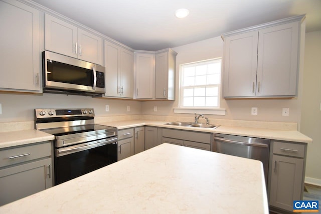 kitchen featuring gray cabinetry, sink, and stainless steel appliances