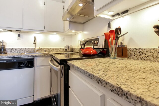 kitchen featuring white dishwasher, extractor fan, sink, white cabinetry, and stainless steel range with electric cooktop