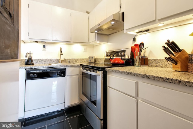 kitchen featuring white cabinetry, sink, range hood, white dishwasher, and electric stove