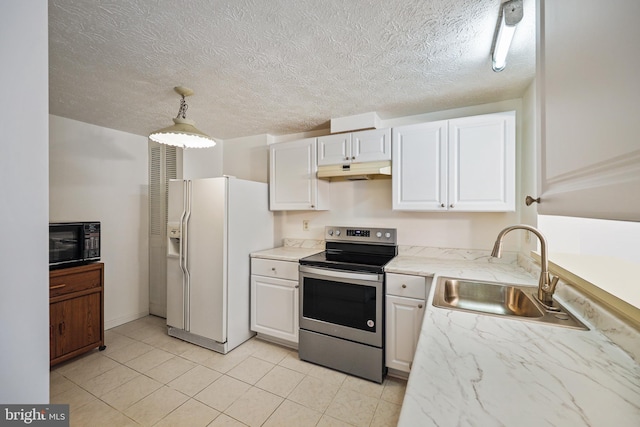 kitchen featuring stainless steel range with electric cooktop, pendant lighting, white refrigerator with ice dispenser, white cabinets, and sink