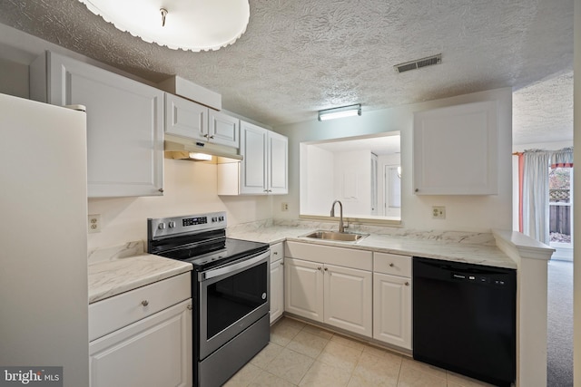 kitchen with dishwasher, fridge, sink, white cabinetry, and stainless steel range with electric cooktop