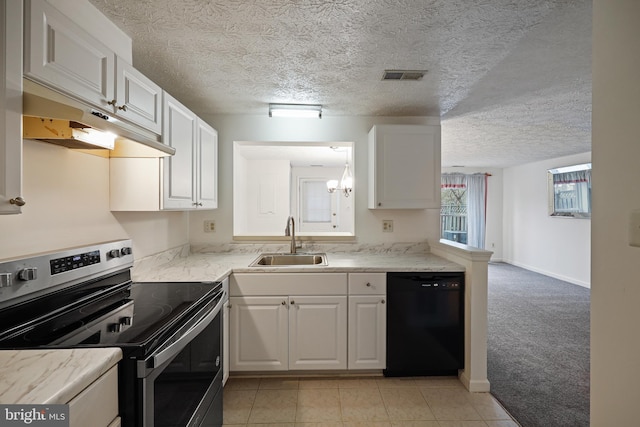 kitchen featuring stainless steel range with electric stovetop, light carpet, dishwasher, white cabinets, and sink