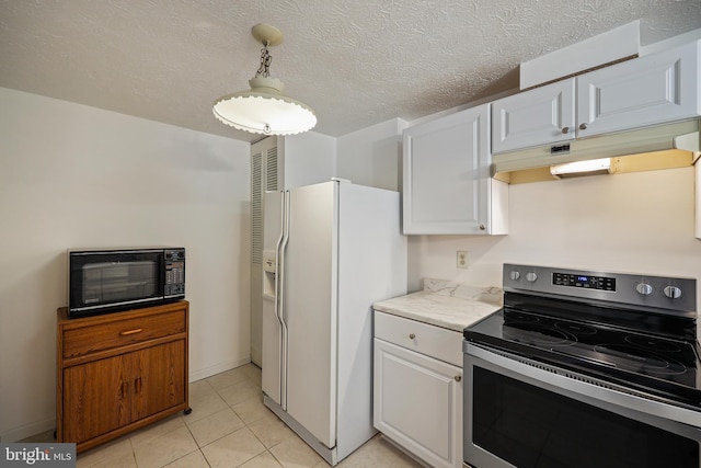 kitchen with hanging light fixtures, white cabinets, white fridge with ice dispenser, and stainless steel electric stove