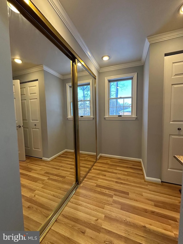 interior space featuring light hardwood / wood-style floors and ornamental molding