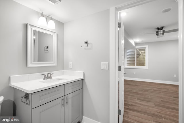 bathroom featuring ceiling fan, vanity, and toilet