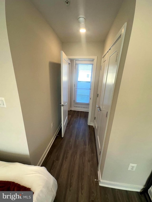 hallway with dark wood-type flooring