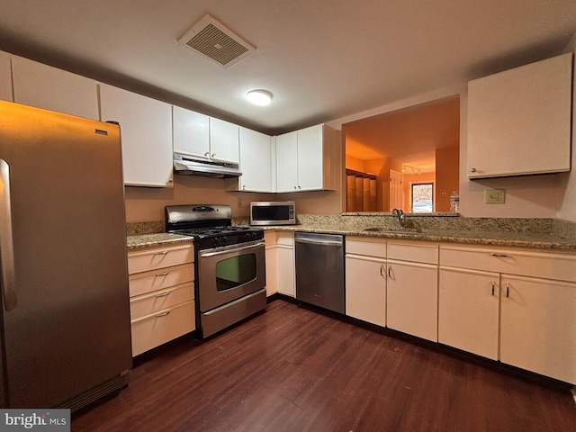 kitchen with white cabinetry, appliances with stainless steel finishes, dark hardwood / wood-style flooring, light stone countertops, and sink