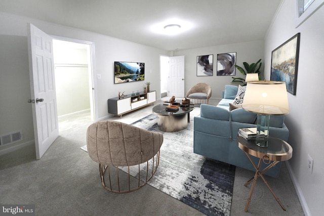 living room with carpet floors and ornamental molding