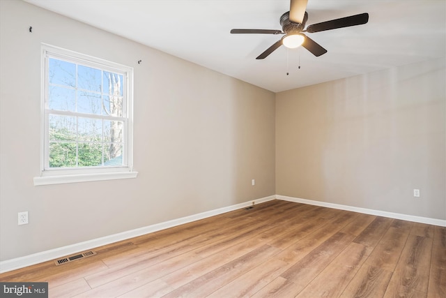 spare room featuring ceiling fan and light hardwood / wood-style floors