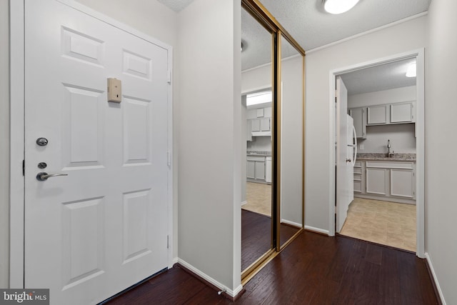 entrance foyer with a textured ceiling, dark wood-type flooring, and sink