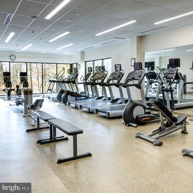 exercise room with a paneled ceiling