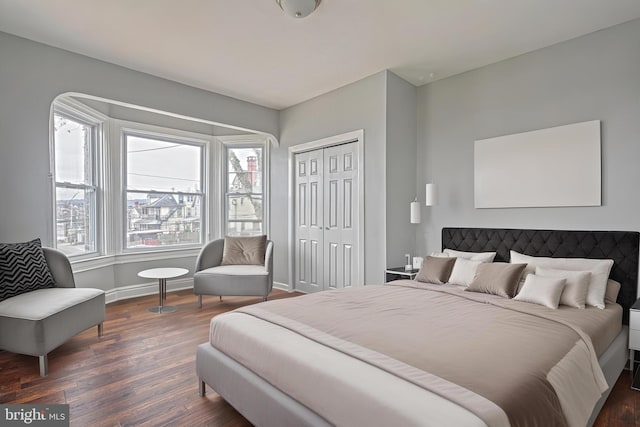 bedroom featuring dark hardwood / wood-style flooring and a closet