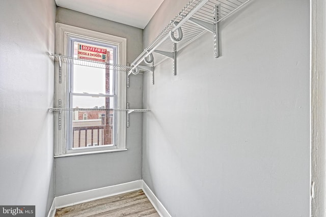 walk in closet with hardwood / wood-style floors