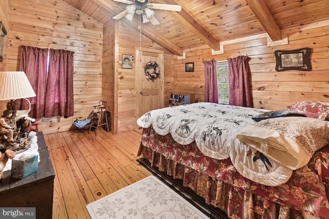 bedroom with vaulted ceiling with beams, wooden walls, ceiling fan, and wooden ceiling