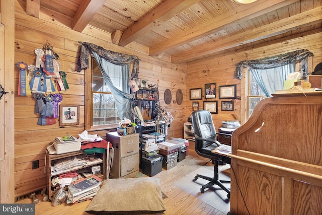 office space with beam ceiling, wooden ceiling, a wealth of natural light, and wooden walls