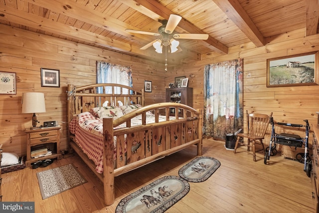 bedroom featuring beam ceiling, wood walls, wood ceiling, and light hardwood / wood-style floors